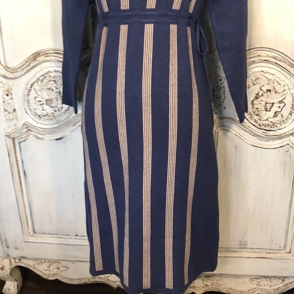 New Fashion Cadet Blue with Cream Strips Mock Neck Self Belts Long Sleeve Dress - Picture 7 of 12